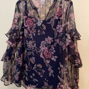 Chico’s sheer navy and rose floral blouse with attached navy tank. Size 2
